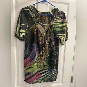 BLEU L Top Sublimation Blouse Large Rhinestone Shirt Lg Short Sleeve Shirt Tie